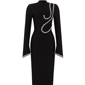 Hutuny Diamond Setting Long Sleeve Bandage Maxi Dress